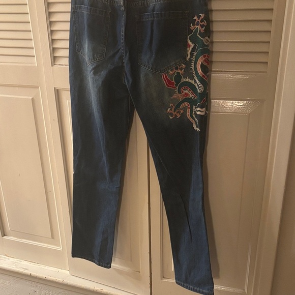 Liebo Vibrant Dragon Embroidered Denim Jeans, Accents at Knees Size 30 - Picture 9 of 9